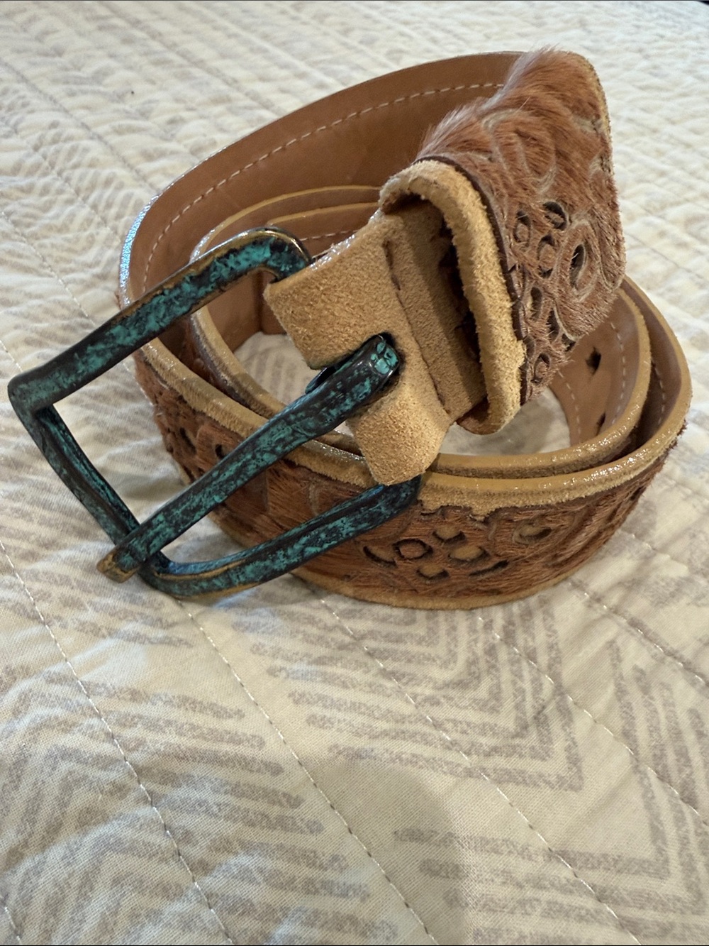 Streets Ahead Tan Leather / Hide Belt with Distressed Turquoise Buckle
